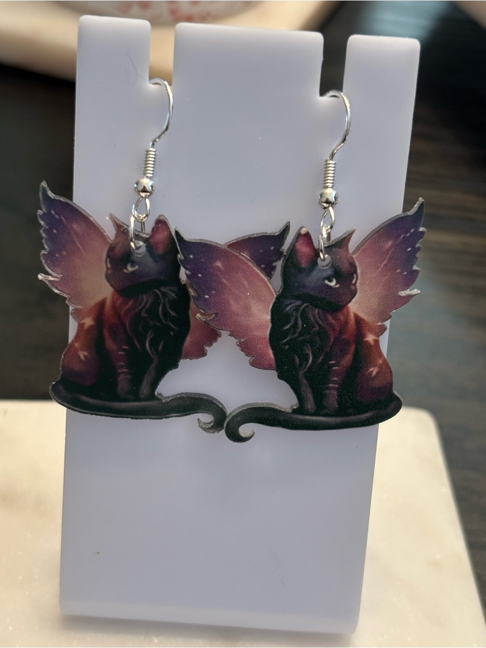 Title: Galaxy Winged Cat Acrylic Dangle Earrings | Star-Print Wings | Silver Hoo
